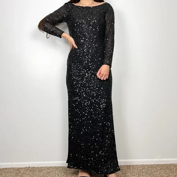 NWT Scala Black Silk Fully Sequin Long Sleeve Maxi Dress Side Slits Size Small - Picture 14 of 14